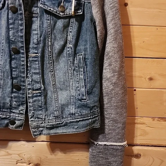 Womens Free People Denim Jacket Knit Size Small Hooded - Picture 3 of 7
